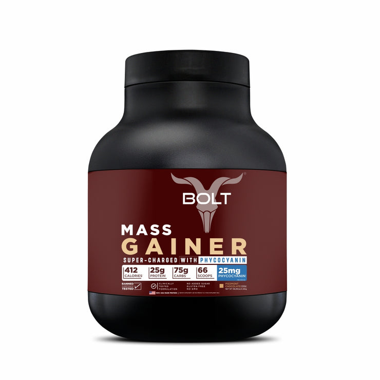 Bolt Mass Gainer with 25mg Phycocyanin, 25g Protein, 75g Carbs & 412 Calories | For Muscle Gainer & Weight Gain Objectives