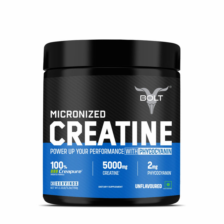 Bolt Micronised Creatine with CREAPURE® | With Phycocyanine | For Muscle Size, Strength, Endurance | CREAPURE® Seal for Purity |Formulated In USA