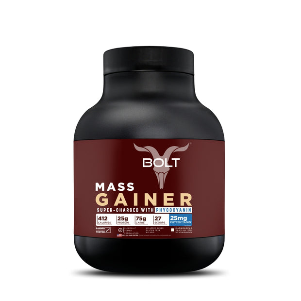 Bolt Mass Gainer with 25mg Phycocyanin, 25g Protein, 75g Carbs & 412 Calories | For Muscle Gainer & Weight Gain Objectives