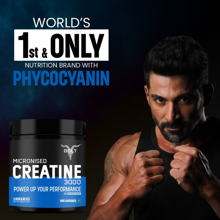 Bolt Micronised Creatine Monohydrate 3000 | With Phycocyanine | Boosts Athletic Performance | Provides Energy Support for Heavy Workout | Formulated In USA