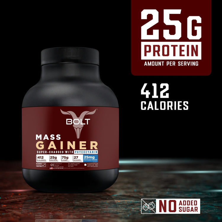 Bolt Mass Gainer with 25mg Phycocyanin, 25g Protein, 75g Carbs & 412 Calories | For Muscle Gainer & Weight Gain Objectives