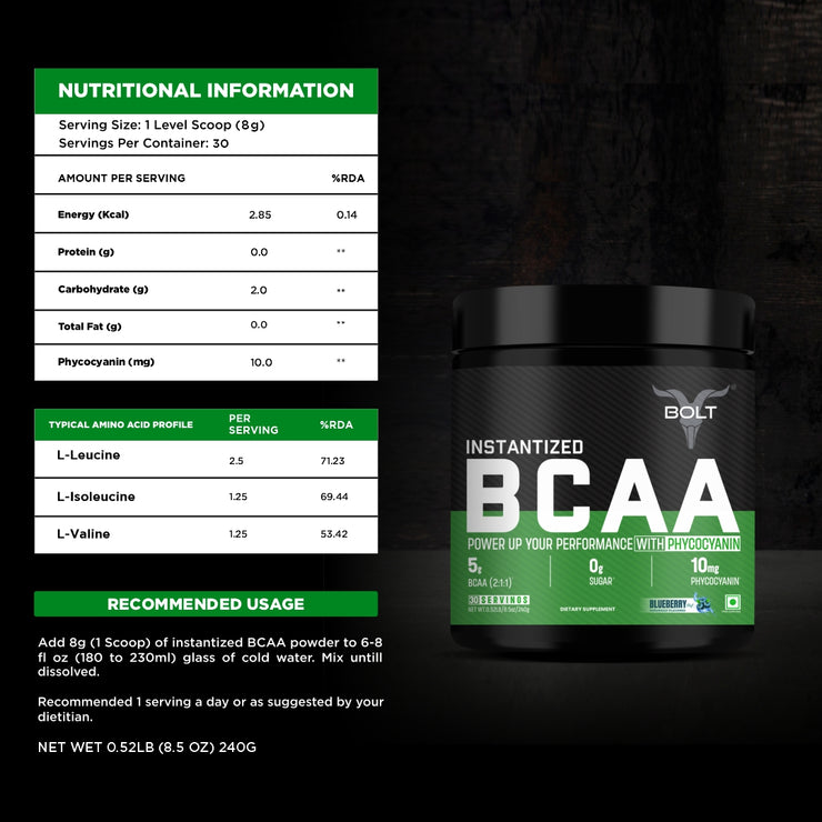 Bolt Instantized BCAA | 5g BCAAs in 2:1:1 Ratio | 30 servings | For Muscle Recovery & Endurance | Intra workout