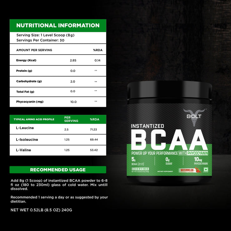 Bolt Instantized BCAA | 5g BCAAs in 2:1:1 Ratio | 30 servings | For Muscle Recovery & Endurance | Intra workout