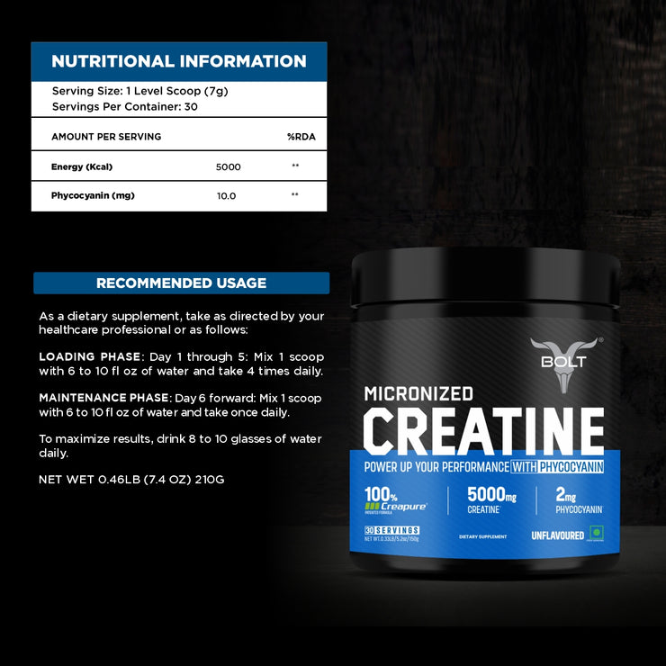 Bolt Micronised Creatine with CREAPURE® | With Phycocyanine | For Muscle Size, Strength, Endurance | CREAPURE® Seal for Purity |Formulated In USA