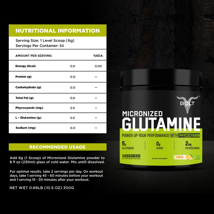 Bolt Micronised Glutamine 5000 | Boosts Athletic Performance | Fuels Muscles | Provides Energy Support for Heavy Workout | Formulated In USA