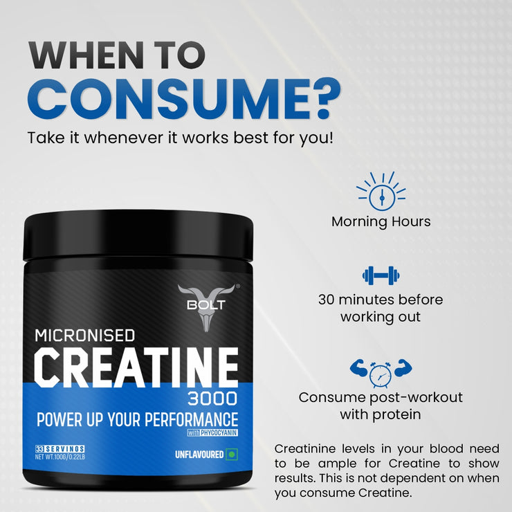 Bolt Micronised Creatine Monohydrate 3000 | With Phycocyanine | Boosts Athletic Performance | Provides Energy Support for Heavy Workout | Formulated In USA